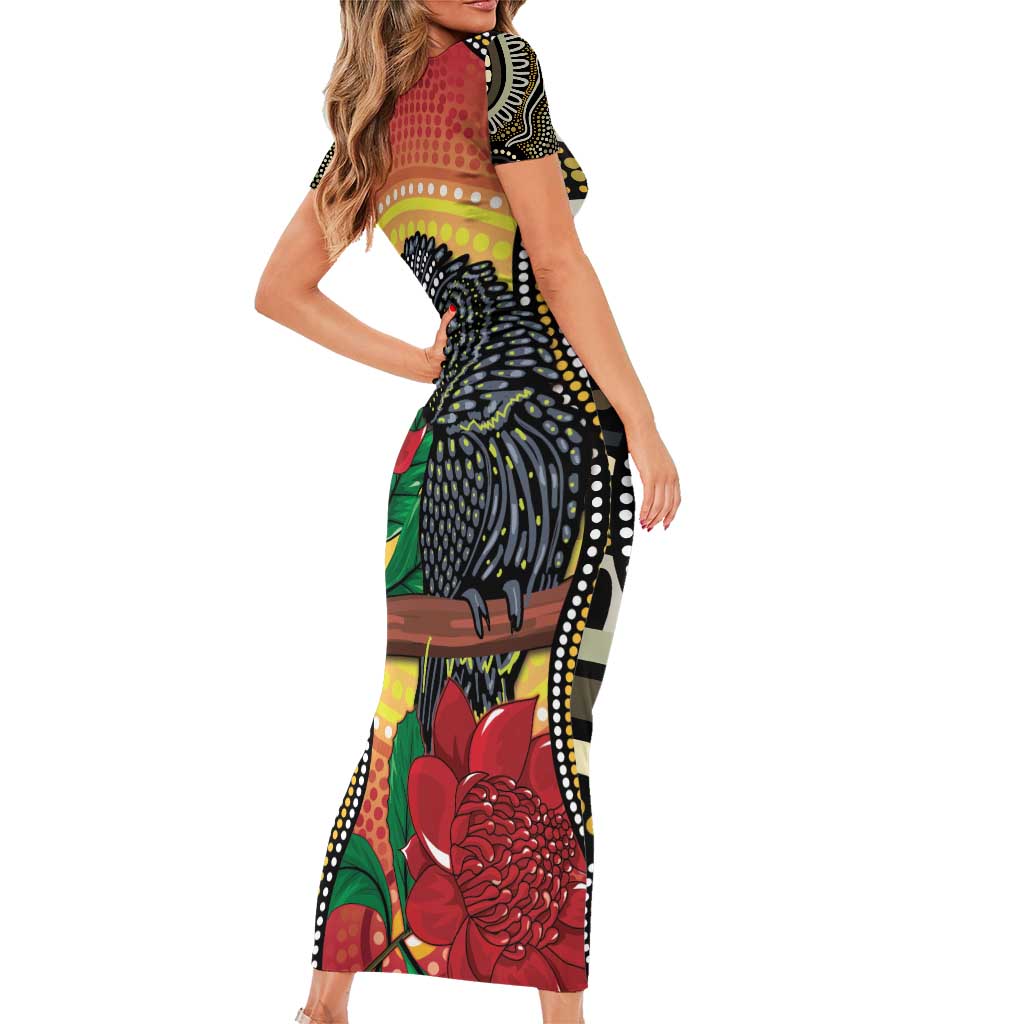 Waratah And Banksian Cockatoo Short Sleeve Bodycon Dress Aboriginal Art