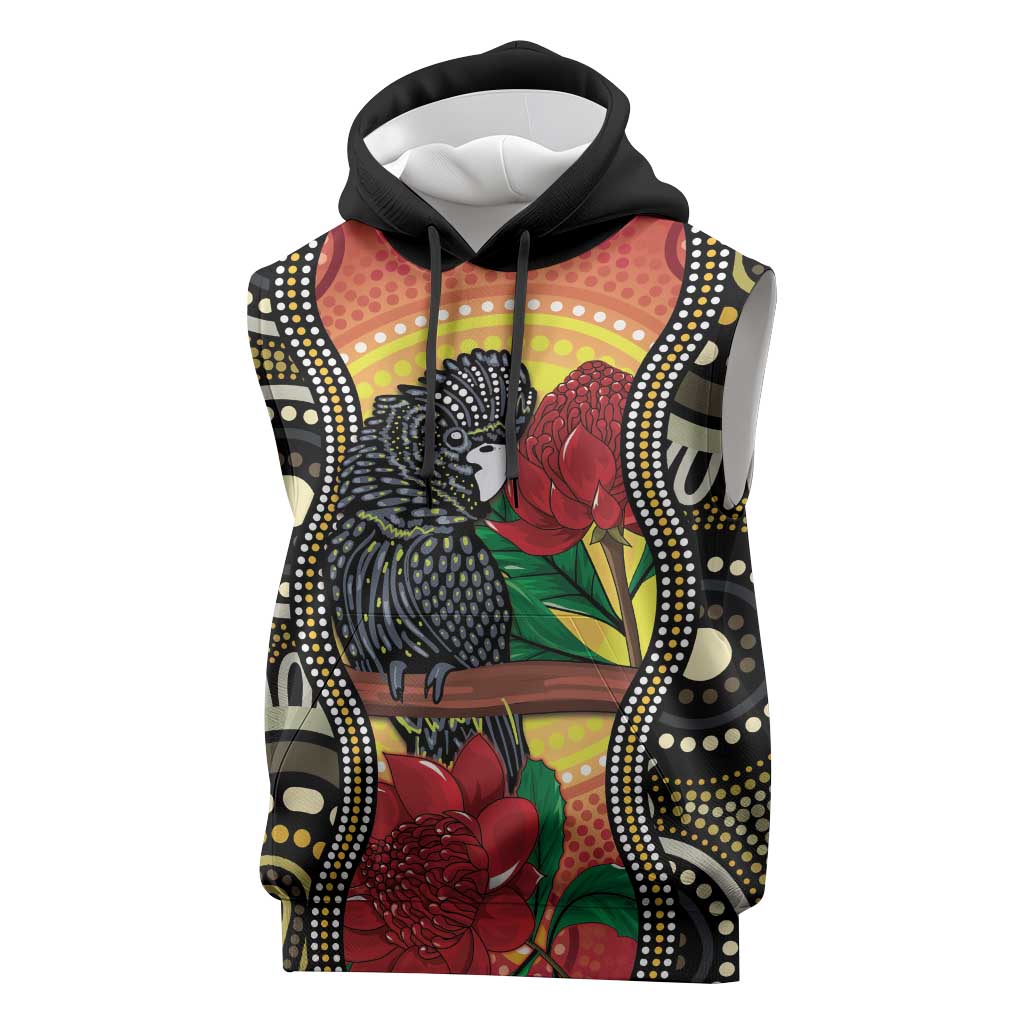 Waratah And Banksian Cockatoo Sleeveless Hoodie Aboriginal Art - Aussie Hoodie