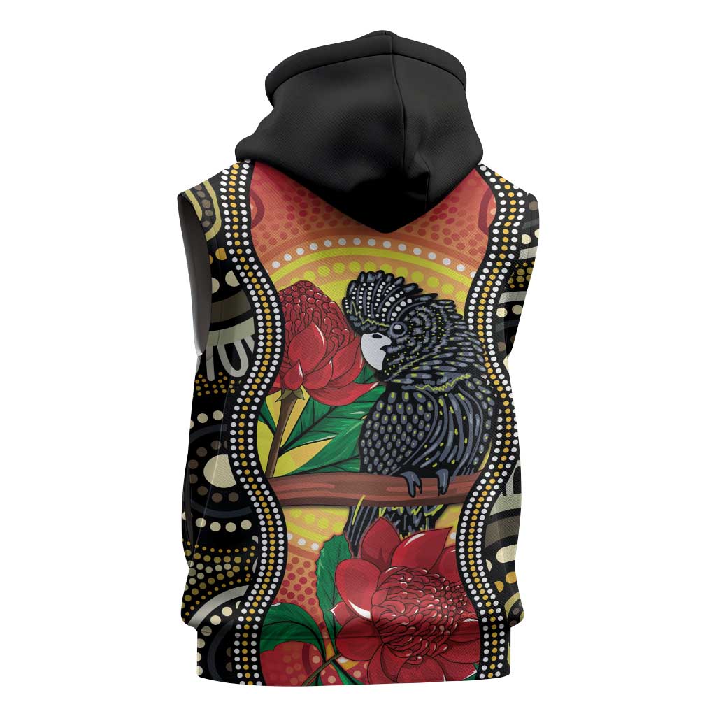 Waratah And Banksian Cockatoo Sleeveless Hoodie Aboriginal Art - Aussie Hoodie