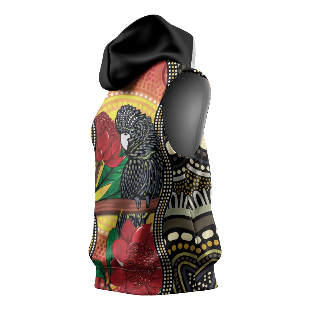 Waratah And Banksian Cockatoo Sleeveless Hoodie Aboriginal Art - Aussie Hoodie