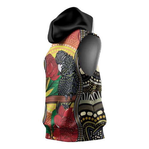 Waratah And Banksian Cockatoo Sleeveless Hoodie Aboriginal Art - Aussie Hoodie