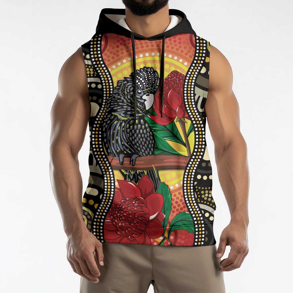 Waratah And Banksian Cockatoo Sleeveless Hoodie Aboriginal Art - Aussie Hoodie