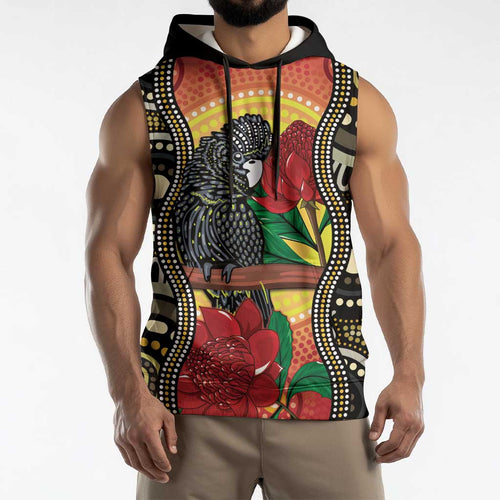 Waratah And Banksian Cockatoo Sleeveless Hoodie Aboriginal Art - Aussie Hoodie