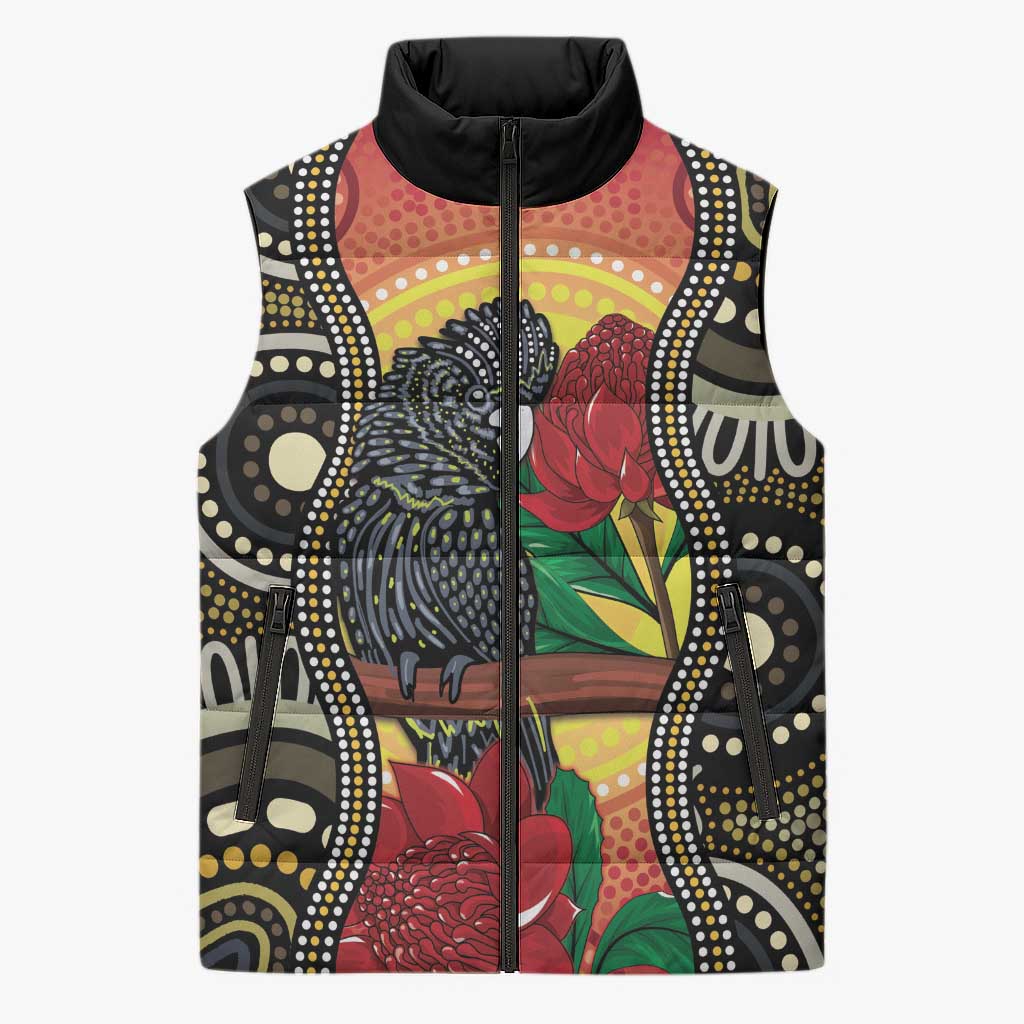 Waratah And Banksian Cockatoo Sleeveless Puffer Jacket Aboriginal Art - Aussie Hoodie