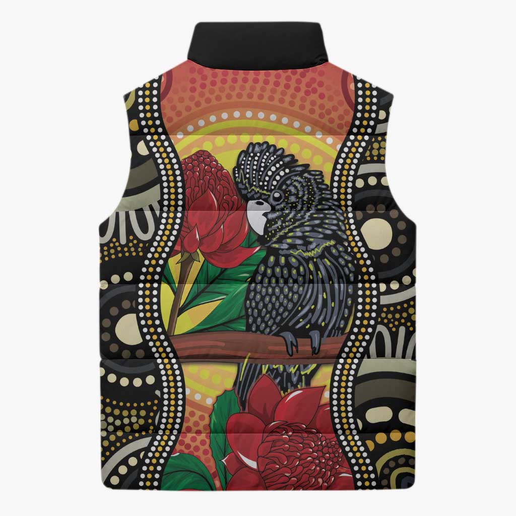 Waratah And Banksian Cockatoo Sleeveless Puffer Jacket Aboriginal Art - Aussie Hoodie