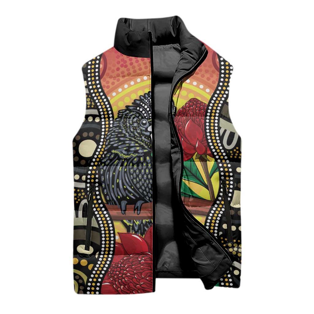 Waratah And Banksian Cockatoo Sleeveless Puffer Jacket Aboriginal Art - Aussie Hoodie