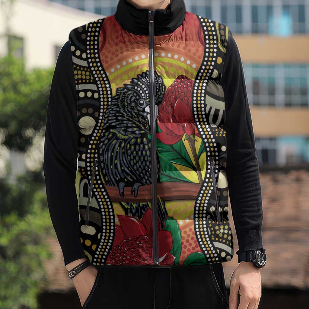 Waratah And Banksian Cockatoo Sleeveless Puffer Jacket Aboriginal Art - Aussie Hoodie