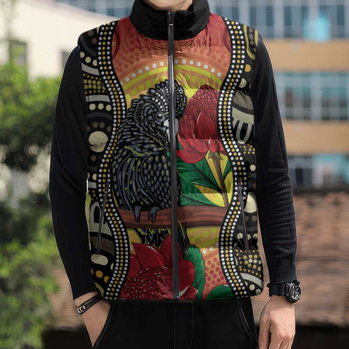 Waratah And Banksian Cockatoo Sleeveless Puffer Jacket Aboriginal Art - Aussie Hoodie