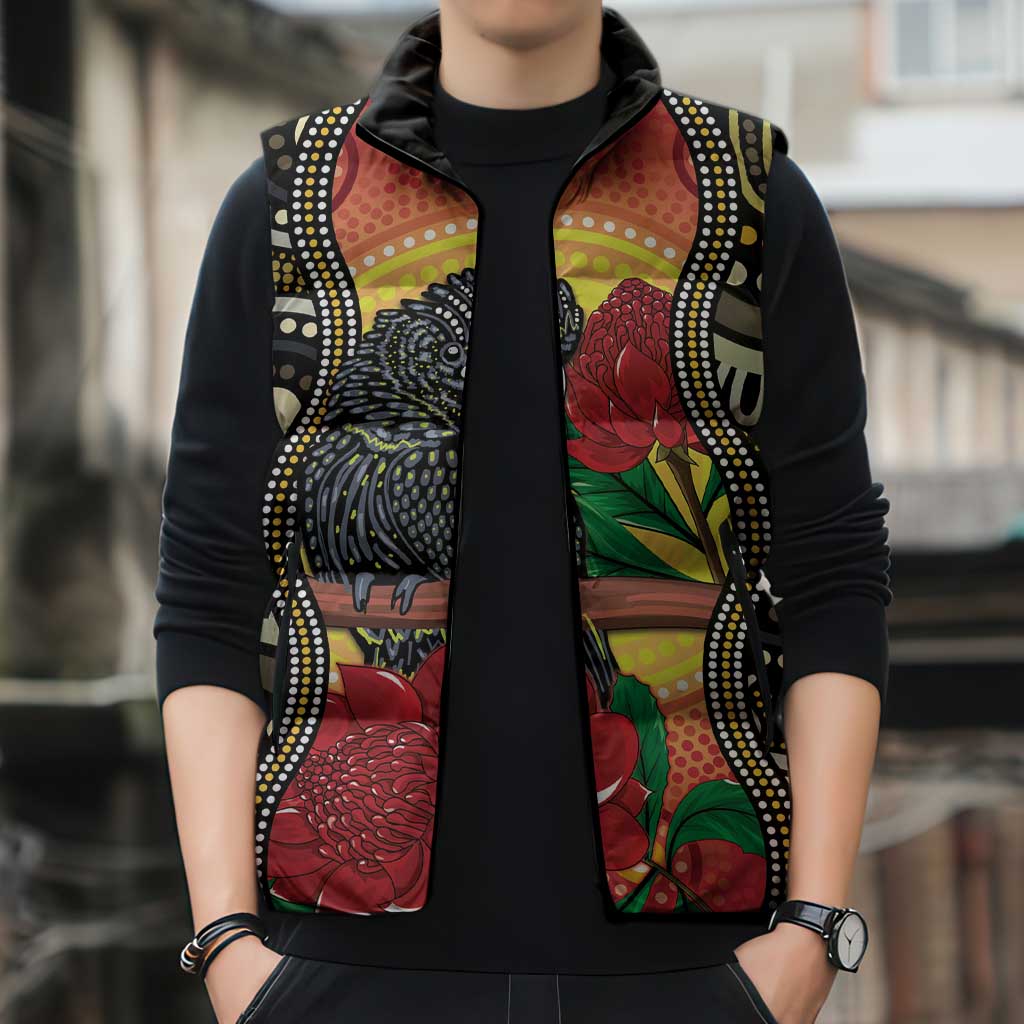 Waratah And Banksian Cockatoo Sleeveless Puffer Jacket Aboriginal Art - Aussie Hoodie