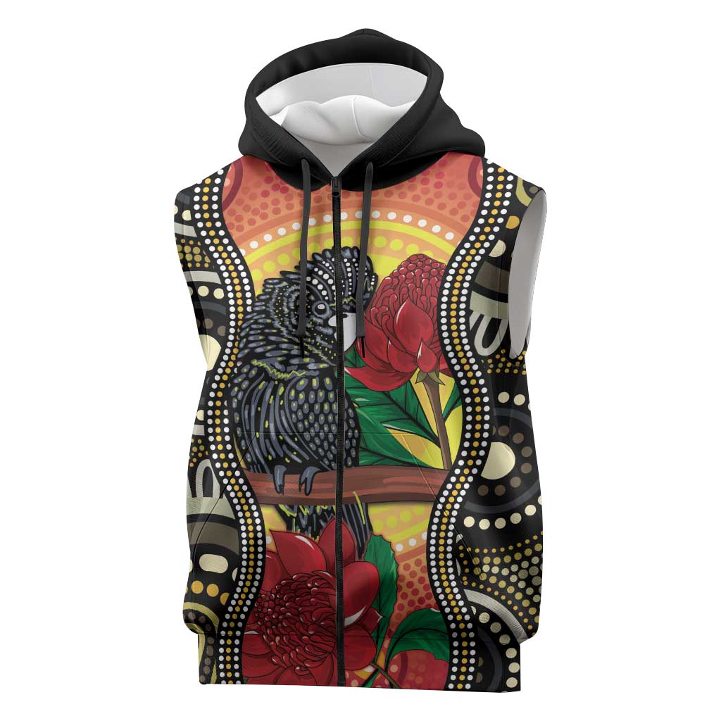 Waratah And Banksian Cockatoo Sleeveless Zip Hoodie Aboriginal Art LT14