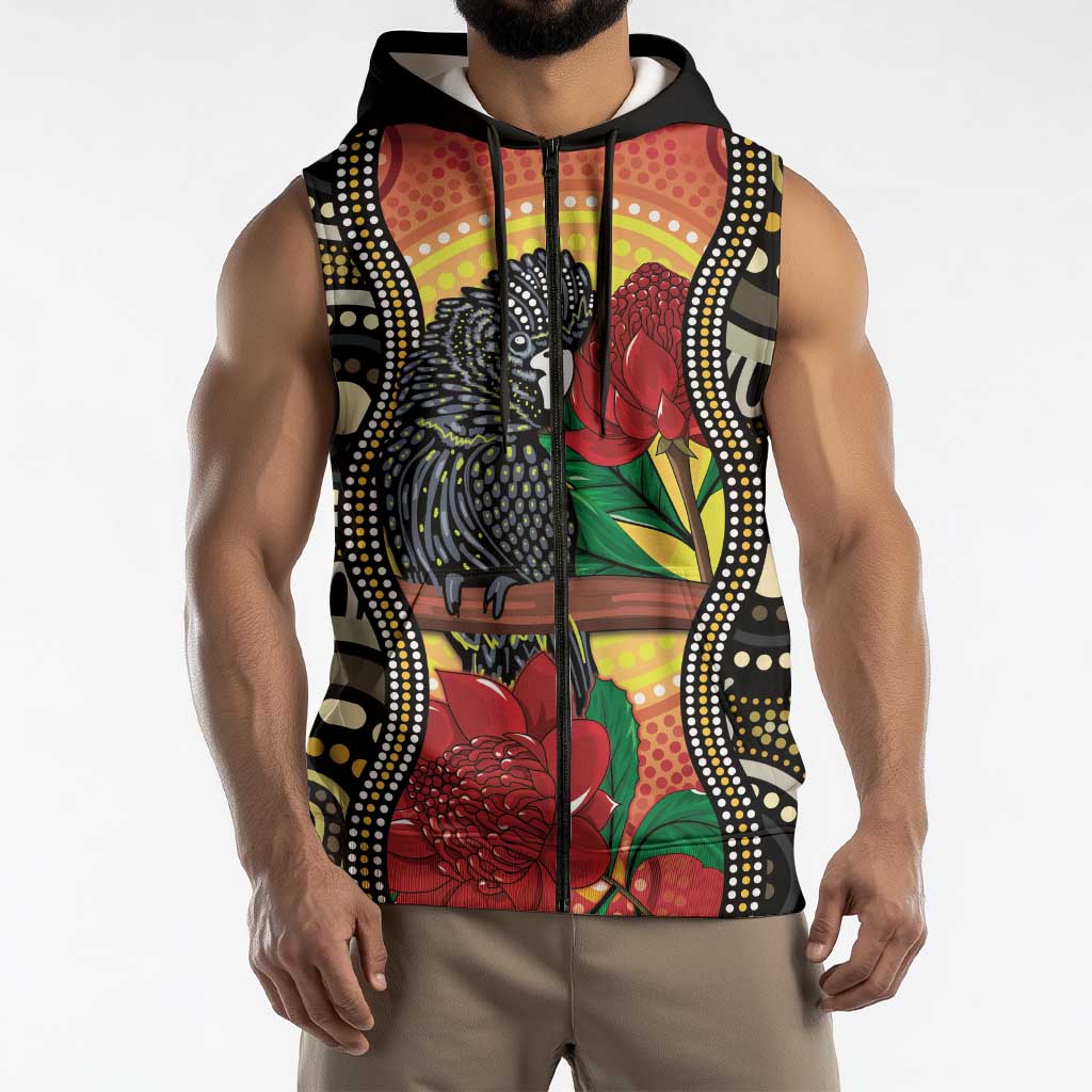 Waratah And Banksian Cockatoo Sleeveless Zip Hoodie Aboriginal Art LT14