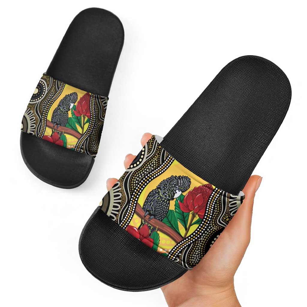 Waratah And Banksian Cockatoo Slide Sandals Aboriginal Art - Aussie Hoodie
