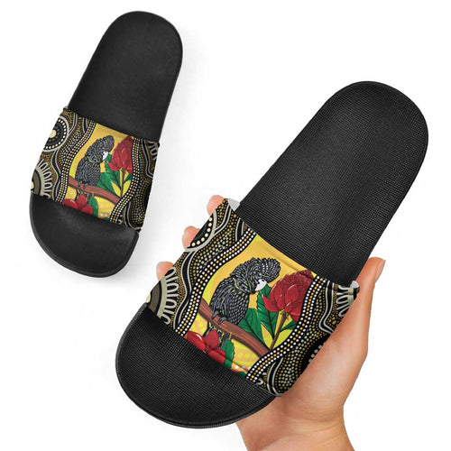 Waratah And Banksian Cockatoo Slide Sandals Aboriginal Art - Aussie Hoodie