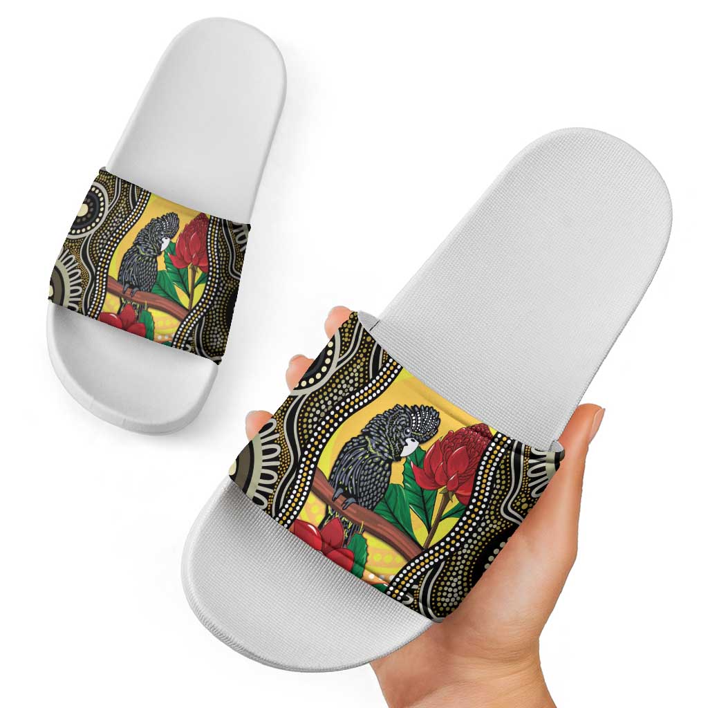 Waratah And Banksian Cockatoo Slide Sandals Aboriginal Art - Aussie Hoodie