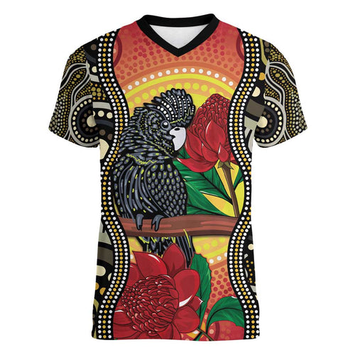 Waratah And Banksian Cockatoo Women V-Neck T-Shirt Aboriginal Art