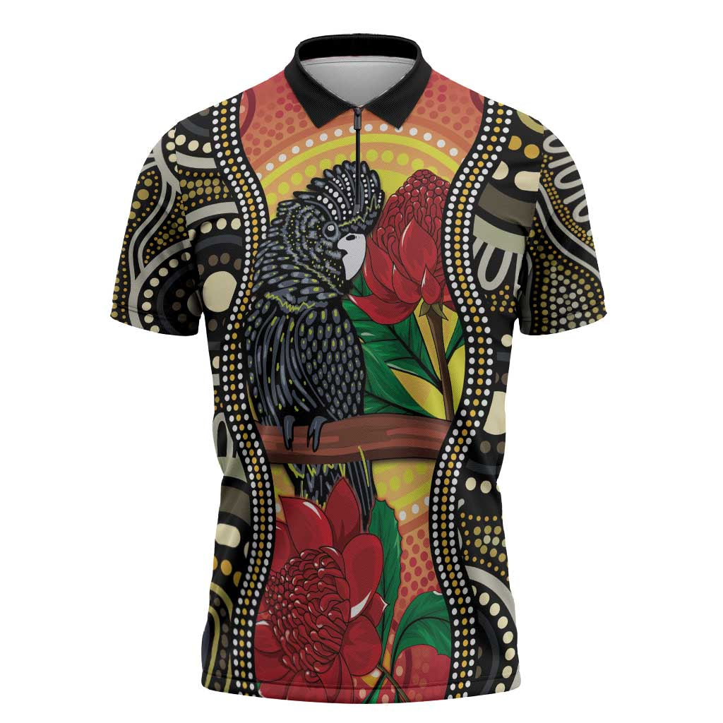 Waratah And Banksian Cockatoo Zipper Polo Shirt Aboriginal Art - Aussie Hoodie