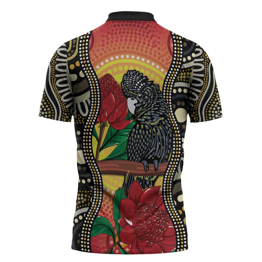 Waratah And Banksian Cockatoo Zipper Polo Shirt Aboriginal Art - Aussie Hoodie
