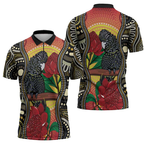 Waratah And Banksian Cockatoo Zipper Polo Shirt Aboriginal Art - Aussie Hoodie