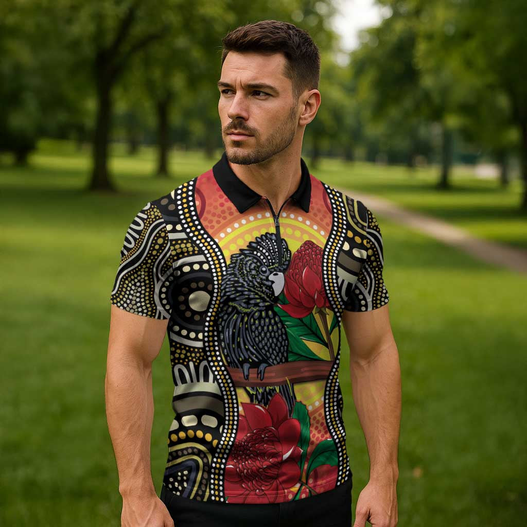 Waratah And Banksian Cockatoo Zipper Polo Shirt Aboriginal Art - Aussie Hoodie