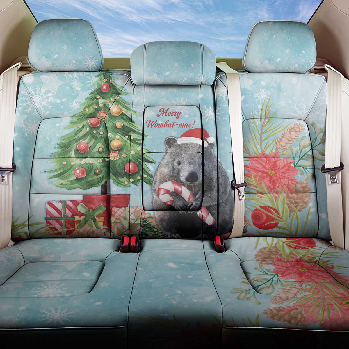 Australia Christmas Back Car Seat Cover Merry Wombat-mas Watercolor Style