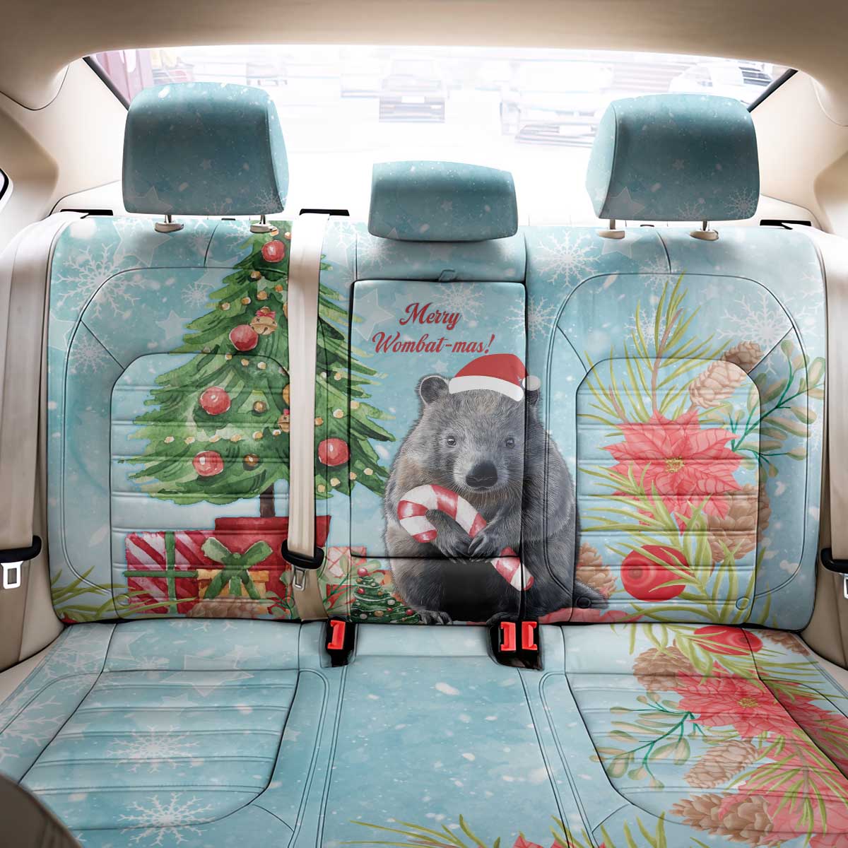 Australia Christmas Back Car Seat Cover Merry Wombat-mas Watercolor Style