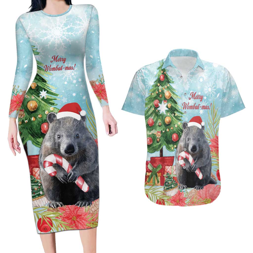 Australia Christmas Couples Matching Long Sleeve Bodycon Dress and Hawaiian Shirt Merry Wombat-mas Watercolor Style