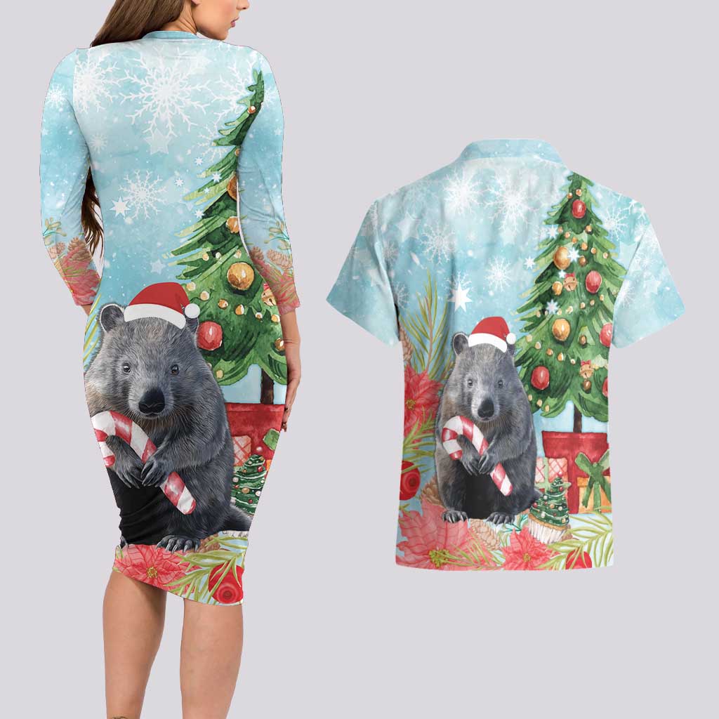 Australia Christmas Couples Matching Long Sleeve Bodycon Dress and Hawaiian Shirt Merry Wombat-mas Watercolor Style