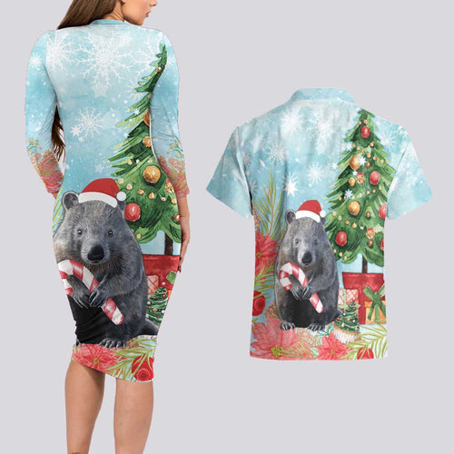 Australia Christmas Couples Matching Long Sleeve Bodycon Dress and Hawaiian Shirt Merry Wombat-mas Watercolor Style