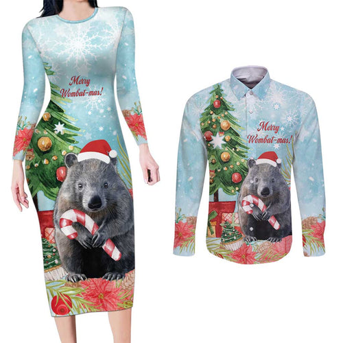 Australia Christmas Couples Matching Long Sleeve Bodycon Dress and Long Sleeve Button Shirt Merry Wombat-mas Watercolor Style