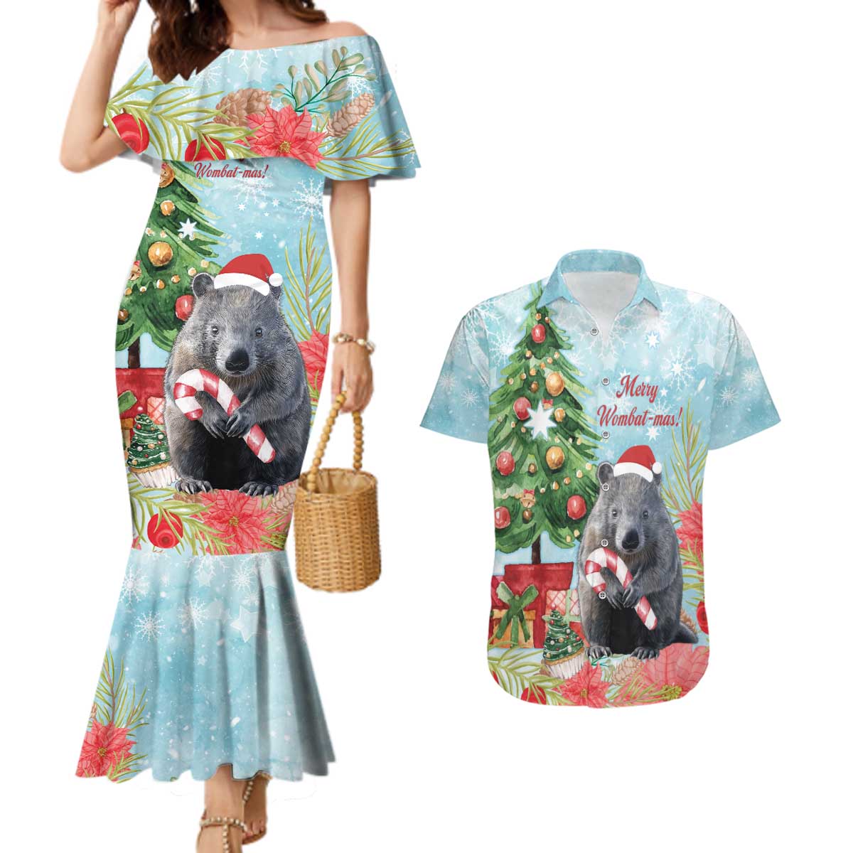 Australia Christmas Couples Matching Mermaid Dress and Hawaiian Shirt Merry Wombat-mas Watercolor Style