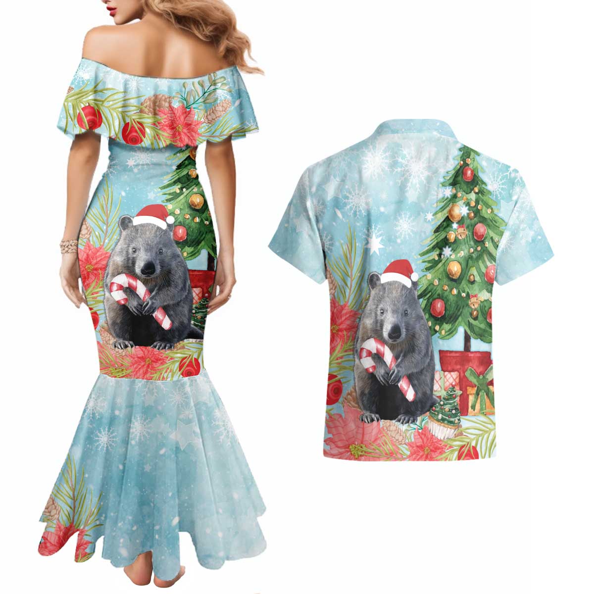 Australia Christmas Couples Matching Mermaid Dress and Hawaiian Shirt Merry Wombat-mas Watercolor Style