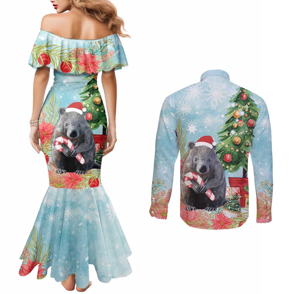 Australia Christmas Couples Matching Mermaid Dress and Long Sleeve Button Shirt Merry Wombat-mas Watercolor Style