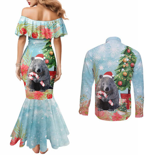 Australia Christmas Couples Matching Mermaid Dress and Long Sleeve Button Shirt Merry Wombat-mas Watercolor Style