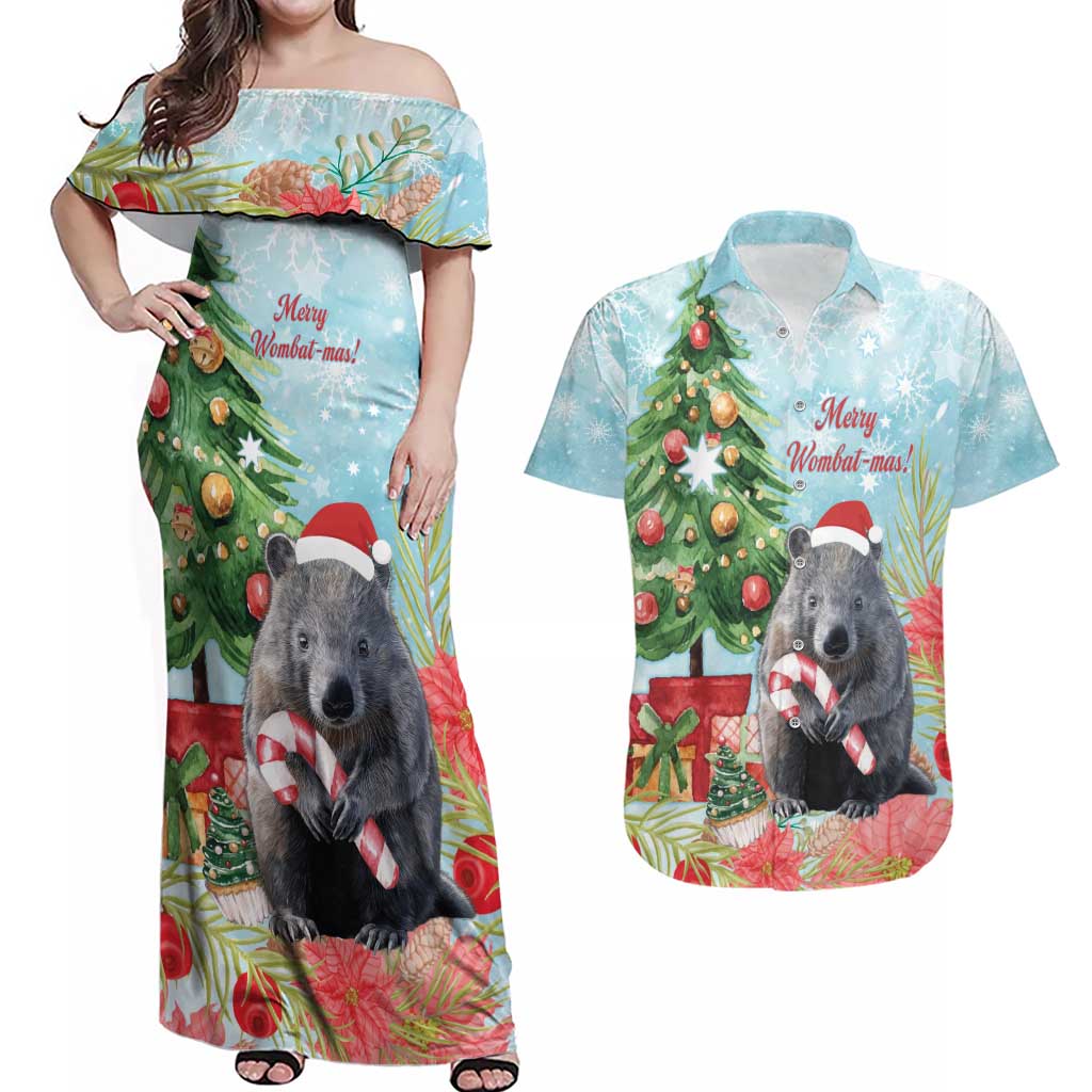 Australia Christmas Couples Matching Off Shoulder Maxi Dress and Hawaiian Shirt Merry Wombat-mas Watercolor Style