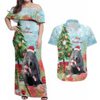 Australia Christmas Couples Matching Off Shoulder Maxi Dress and Hawaiian Shirt Merry Wombat-mas Watercolor Style