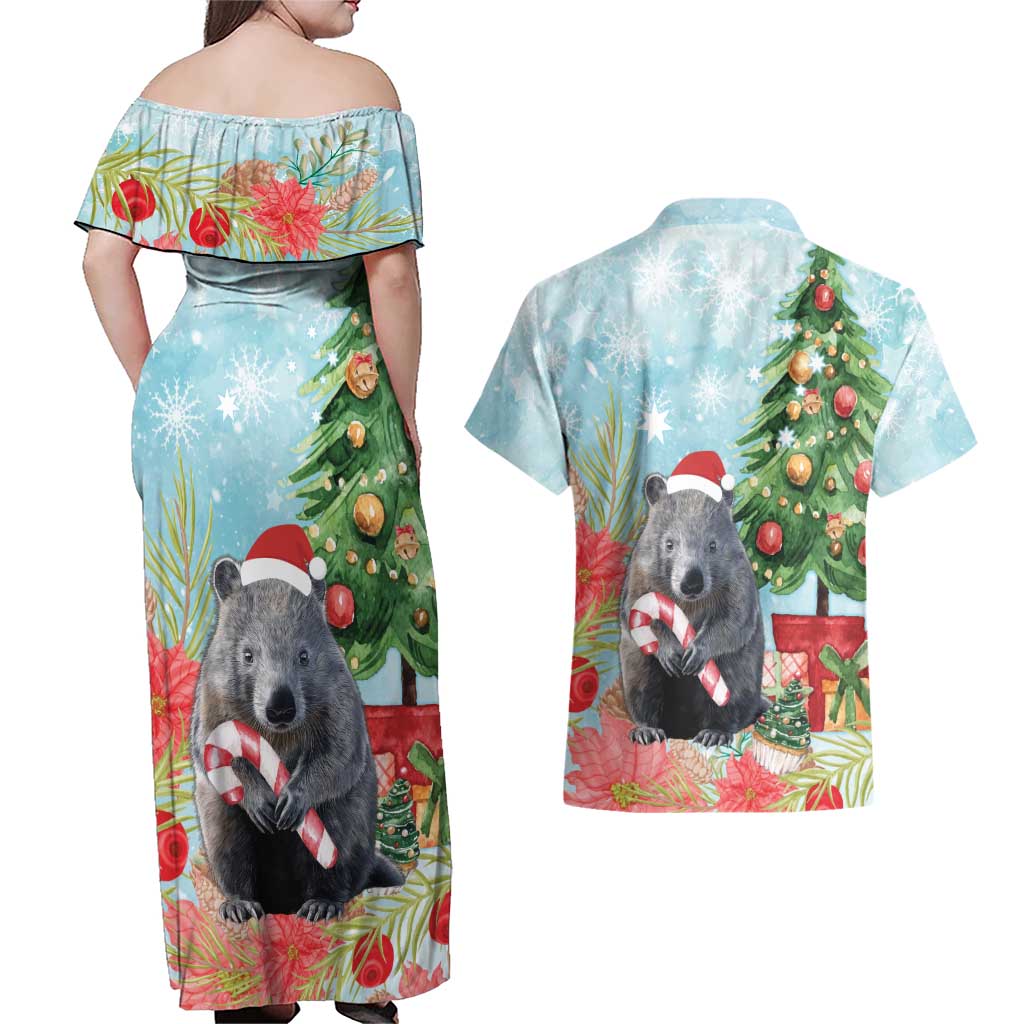Australia Christmas Couples Matching Off Shoulder Maxi Dress and Hawaiian Shirt Merry Wombat-mas Watercolor Style