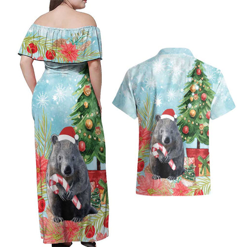 Australia Christmas Couples Matching Off Shoulder Maxi Dress and Hawaiian Shirt Merry Wombat-mas Watercolor Style