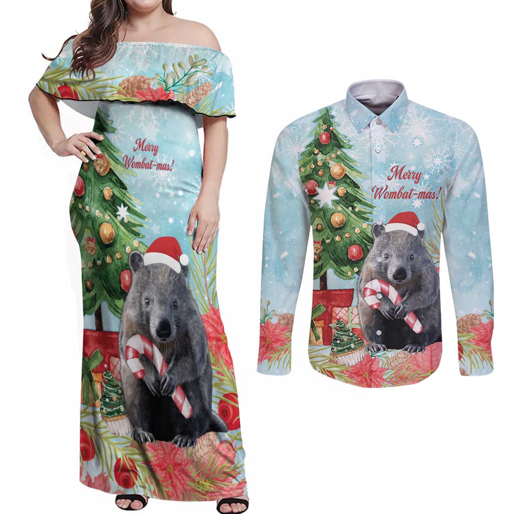 Australia Christmas Couples Matching Off Shoulder Maxi Dress and Long Sleeve Button Shirt Merry Wombat-mas Watercolor Style
