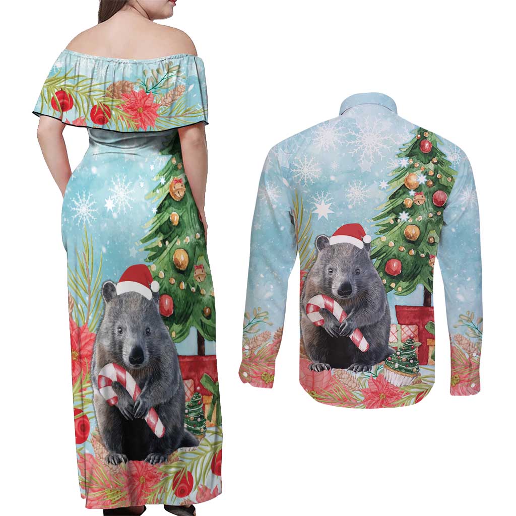 Australia Christmas Couples Matching Off Shoulder Maxi Dress and Long Sleeve Button Shirt Merry Wombat-mas Watercolor Style