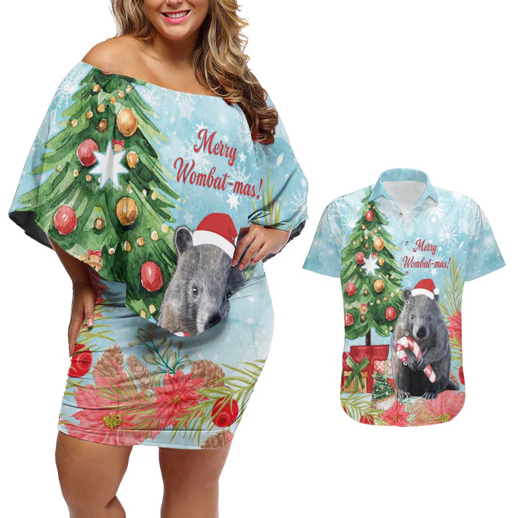 Australia Christmas Couples Matching Off Shoulder Short Dress and Hawaiian Shirt Merry Wombat-mas Watercolor Style