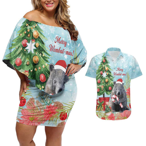 Australia Christmas Couples Matching Off Shoulder Short Dress and Hawaiian Shirt Merry Wombat-mas Watercolor Style