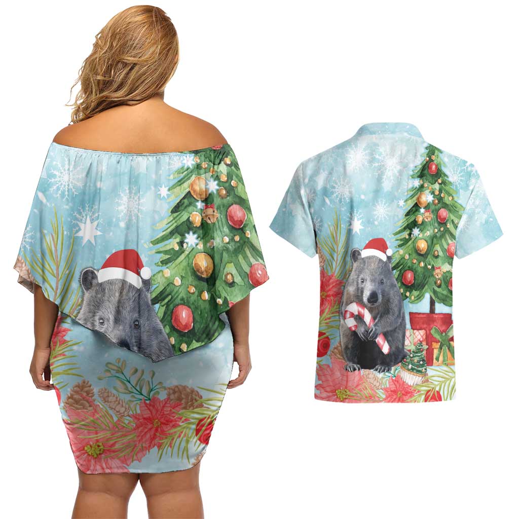 Australia Christmas Couples Matching Off Shoulder Short Dress and Hawaiian Shirt Merry Wombat-mas Watercolor Style