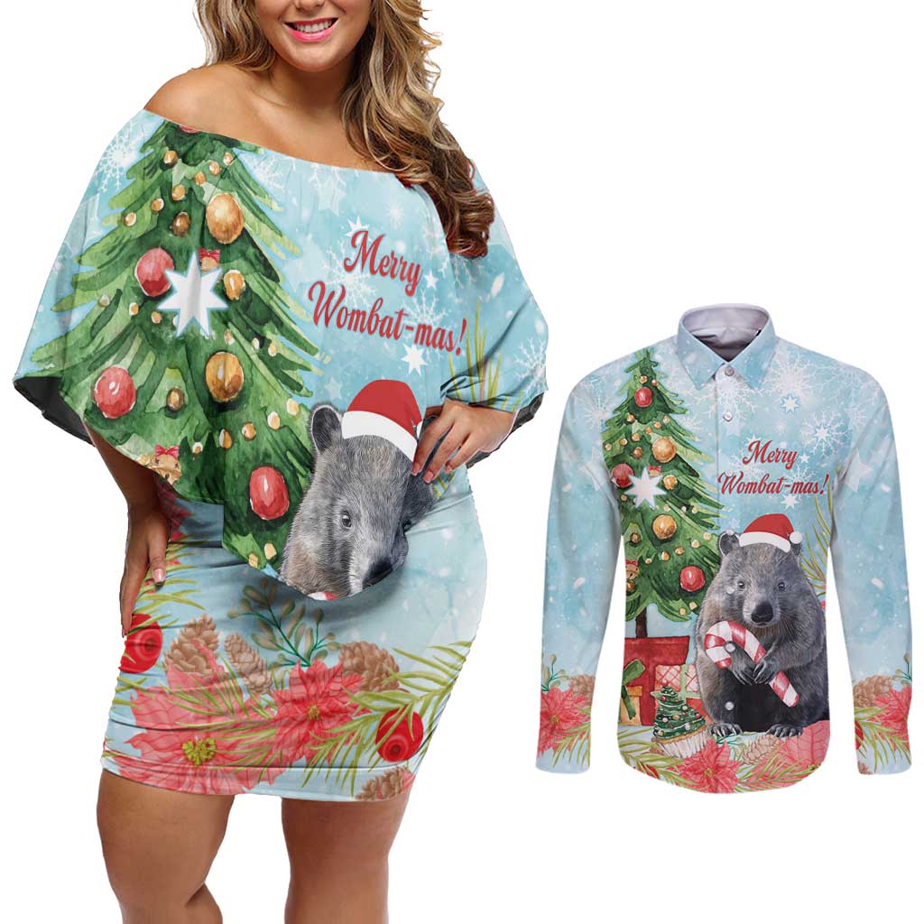 Australia Christmas Couples Matching Off Shoulder Short Dress and Long Sleeve Button Shirt Merry Wombat-mas Watercolor Style