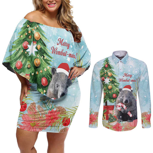 Australia Christmas Couples Matching Off Shoulder Short Dress and Long Sleeve Button Shirt Merry Wombat-mas Watercolor Style