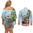 Australia Christmas Couples Matching Off Shoulder Short Dress and Long Sleeve Button Shirt Merry Wombat-mas Watercolor Style