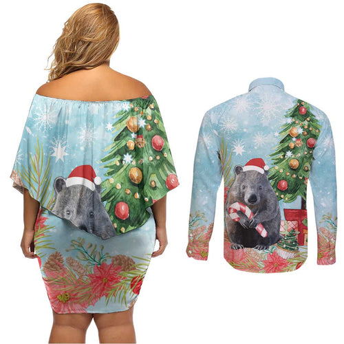 Australia Christmas Couples Matching Off Shoulder Short Dress and Long Sleeve Button Shirt Merry Wombat-mas Watercolor Style