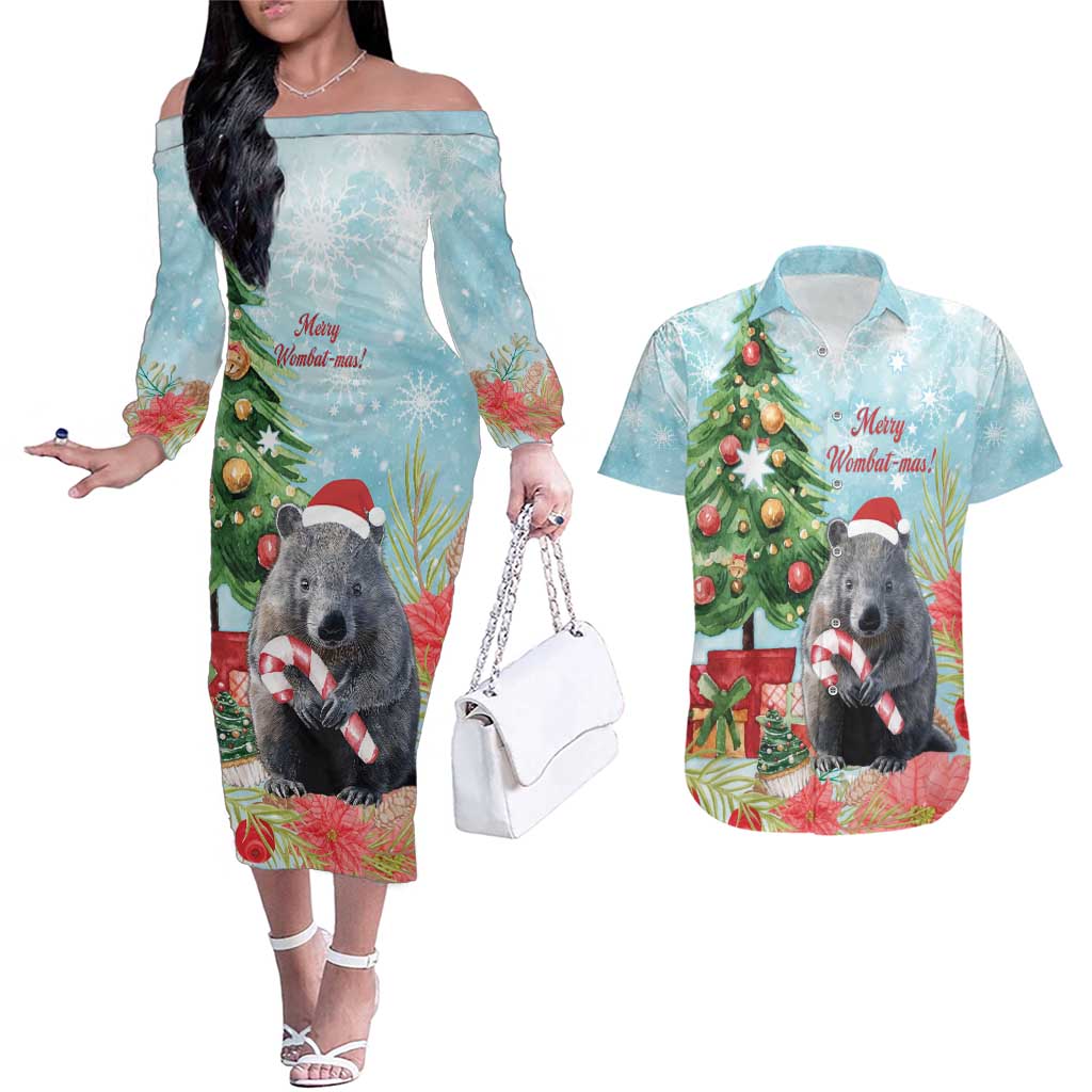 Australia Christmas Couples Matching Off The Shoulder Long Sleeve Dress and Hawaiian Shirt Merry Wombat-mas Watercolor Style