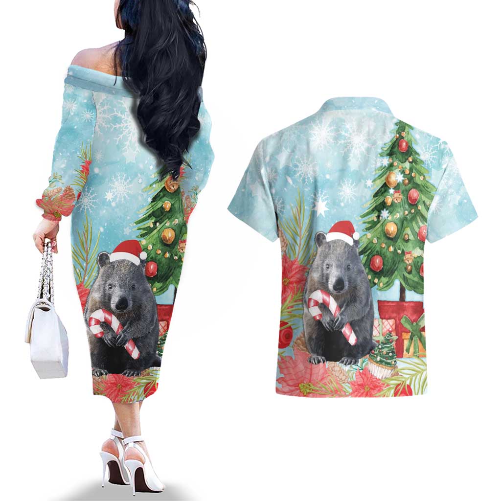 Australia Christmas Couples Matching Off The Shoulder Long Sleeve Dress and Hawaiian Shirt Merry Wombat-mas Watercolor Style