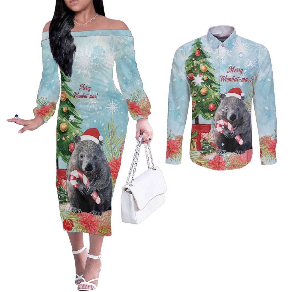 Australia Christmas Couples Matching Off The Shoulder Long Sleeve Dress and Long Sleeve Button Shirt Merry Wombat-mas Watercolor Style