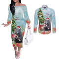 Australia Christmas Couples Matching Off The Shoulder Long Sleeve Dress and Long Sleeve Button Shirt Merry Wombat-mas Watercolor Style